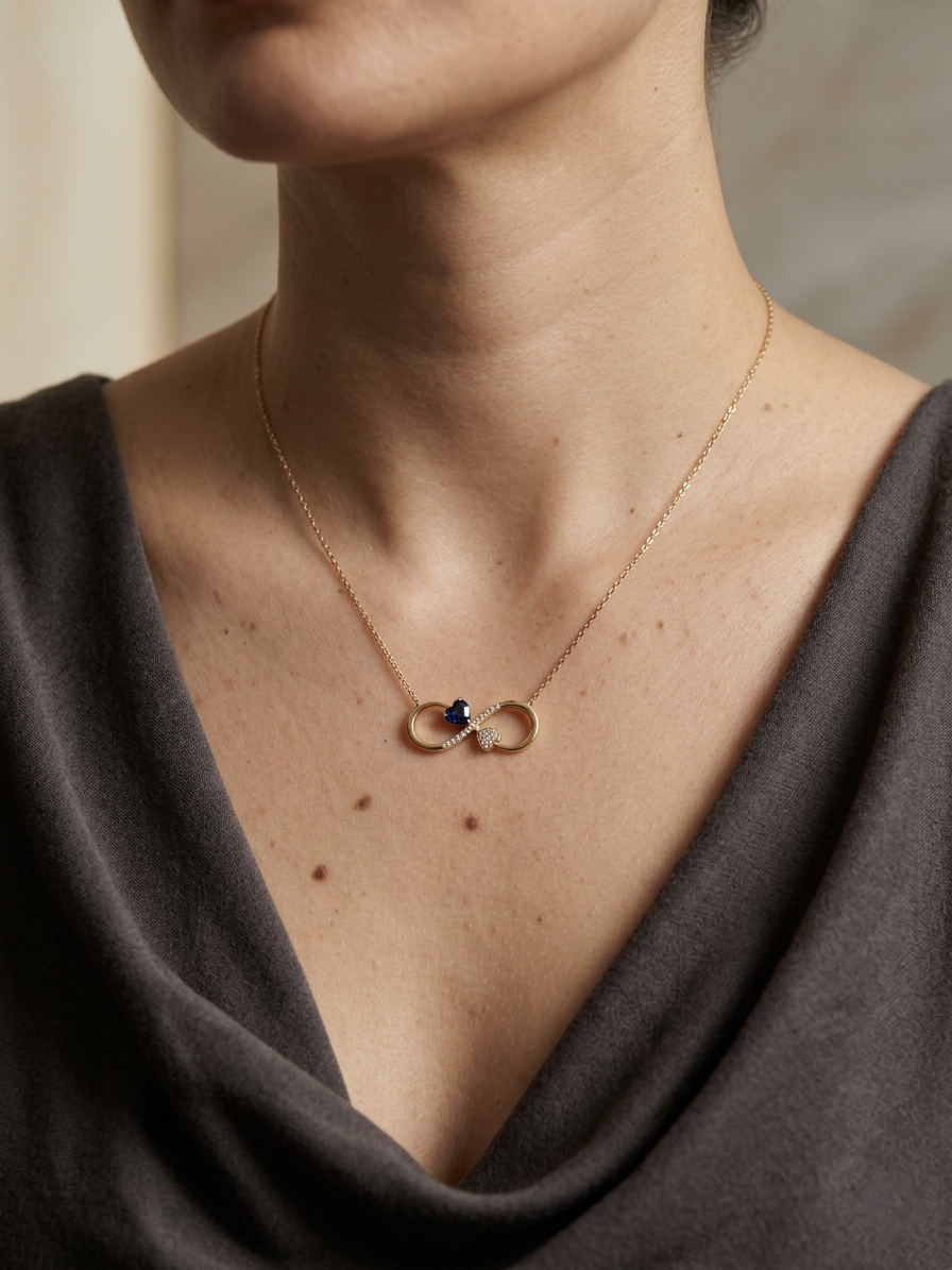 Blue sapphire diamond infinity heart necklace in 18K yellow gold