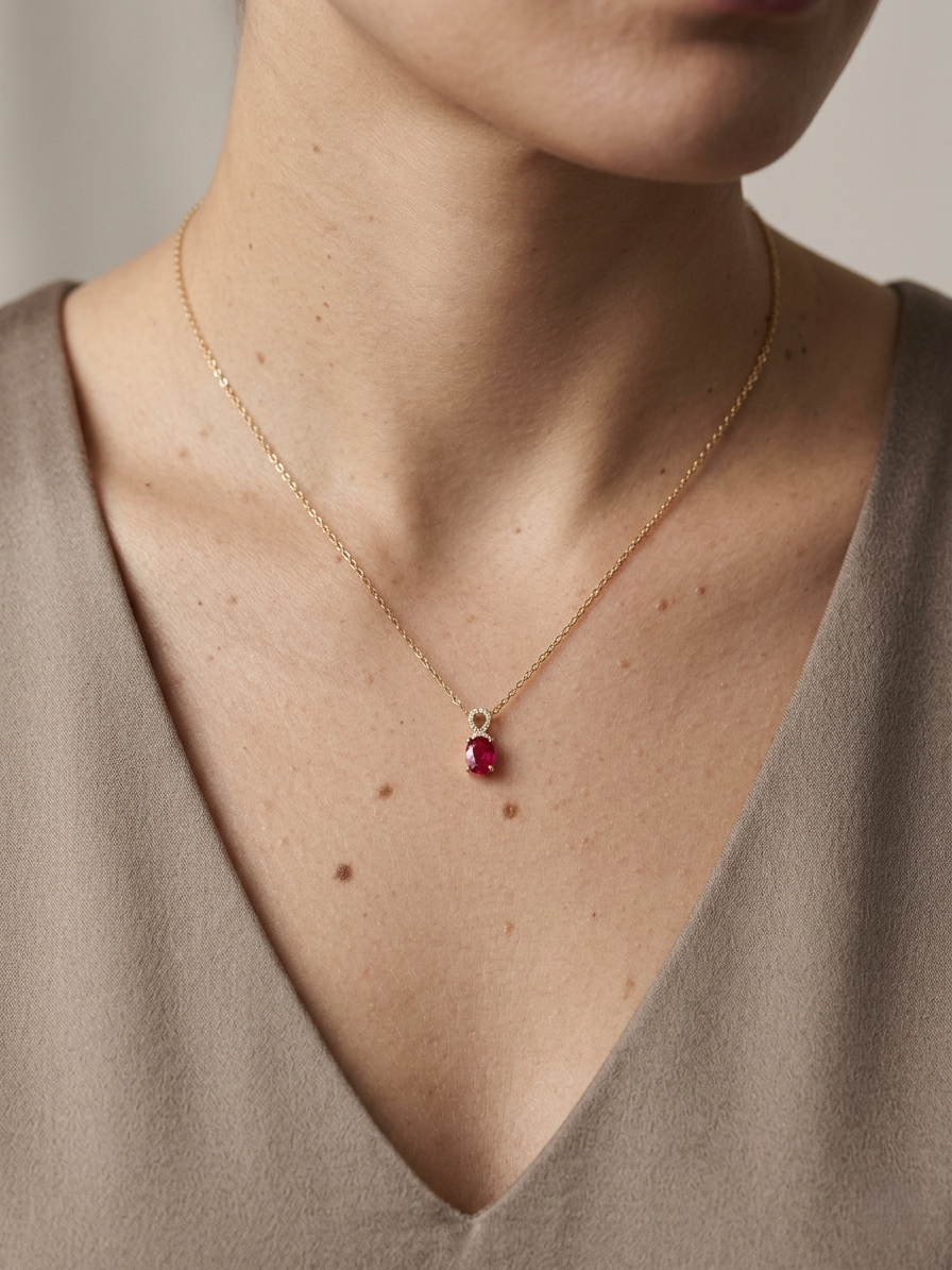 18K yellow gold ruby diamond pendant necklace 0.87 carat oval ruby with diamond loop – Emirates Diamonds
