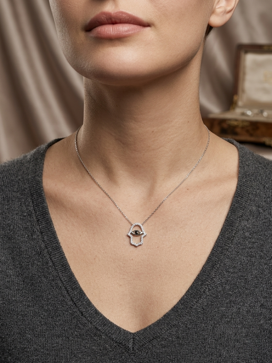 Diamond Hamsa evil eye pendant necklace in 18K white gold with black diamond center by Emirates Diamonds