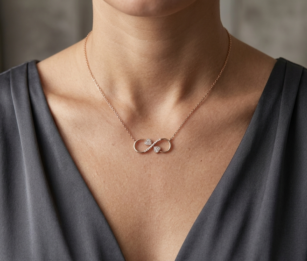 18K rose gold infinity heart necklace with pavé diamonds and double heart design.