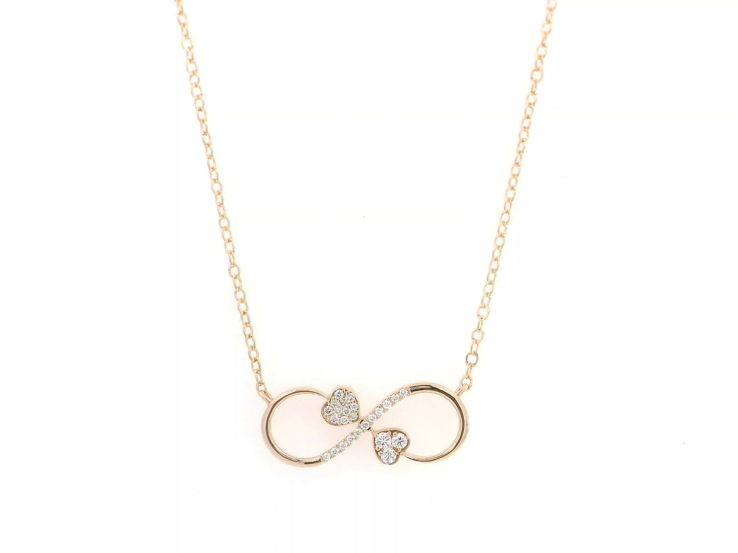 18K rose gold infinity heart necklace with pavé diamonds and double heart design.