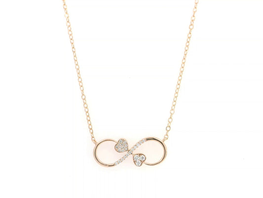18K rose gold infinity heart necklace with pavé diamonds and double heart design.