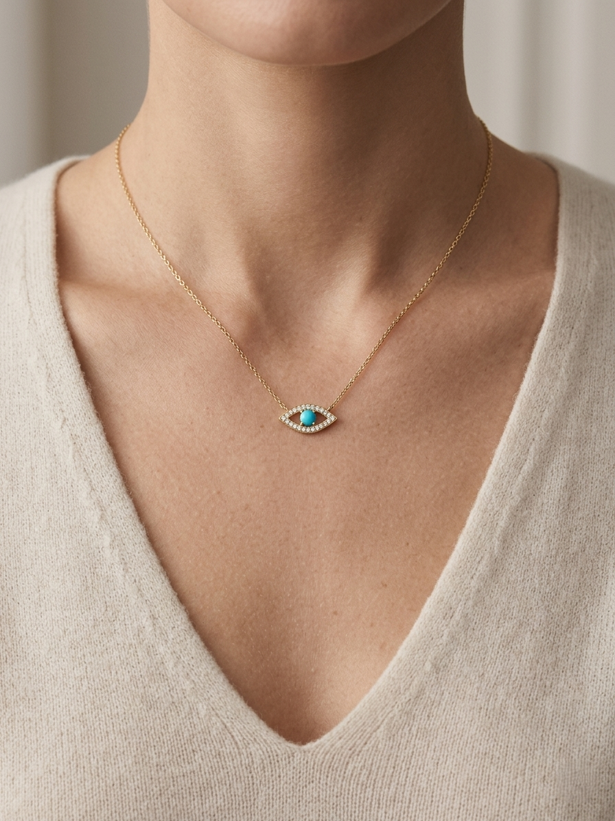 Turquoise and diamond evil eye pendant necklace in 18K yellow gold by Emirates Diamonds