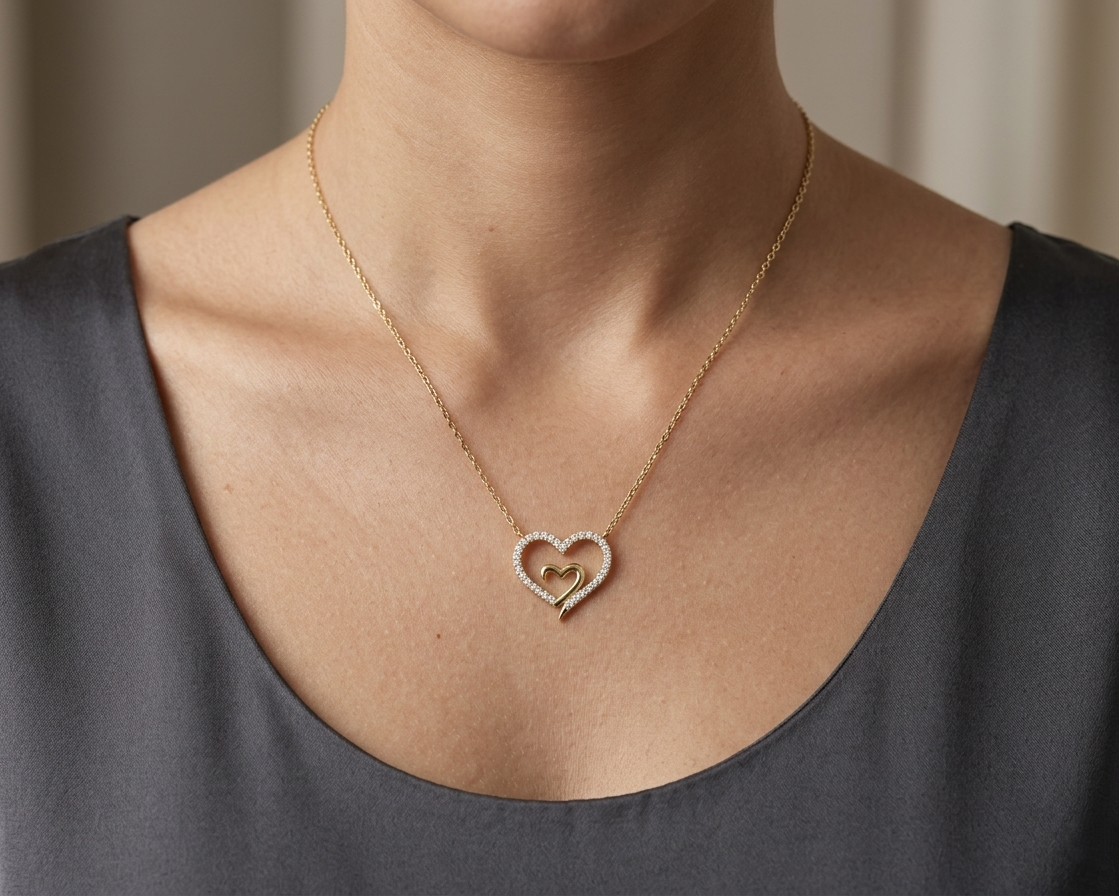 18K yellow gold open heart diamond necklace with pavé diamonds and modern romantic design.