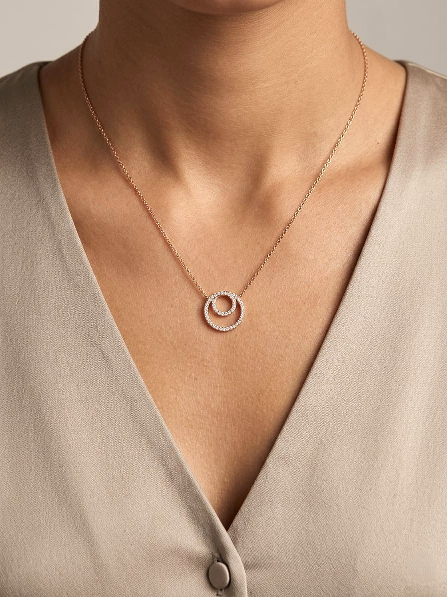 Diamond double circle pendant necklace in 18K rose gold with 0.41 carat natural diamonds