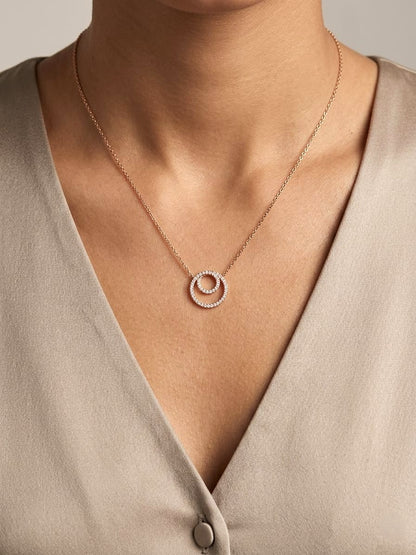 Diamond double circle pendant necklace in 18K rose gold with 0.41 carat natural diamonds