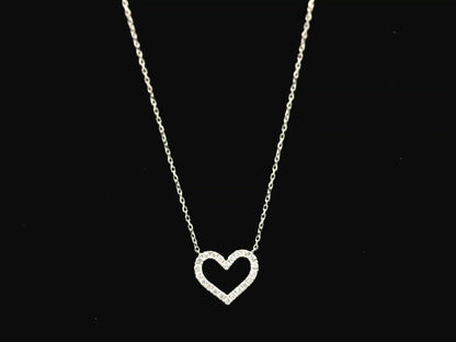 18K white gold open heart diamond necklace featuring 0.20 carat natural diamonds in a delicate pavé setting.