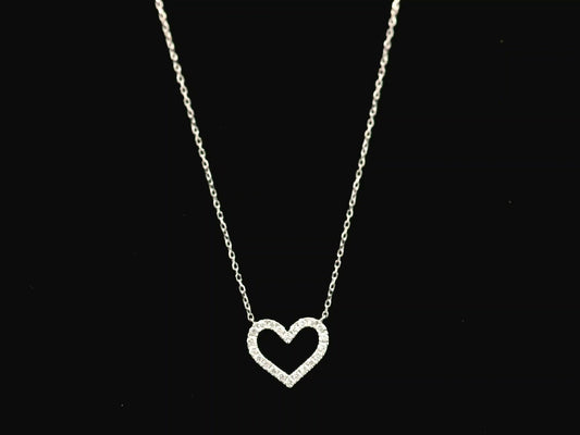 18K white gold open heart diamond necklace featuring 0.20 carat natural diamonds in a delicate pavé setting.