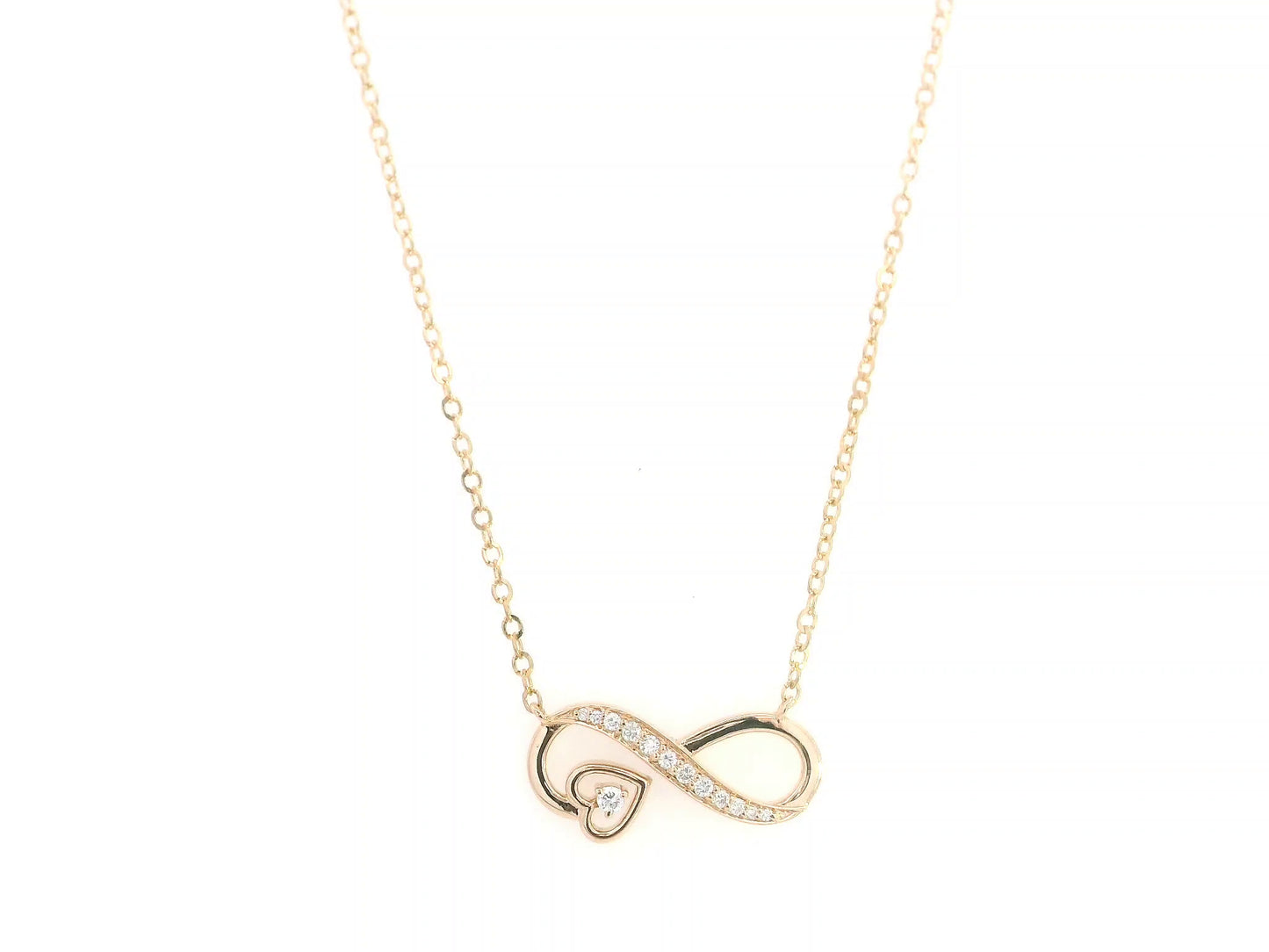 18K rose gold infinity heart diamond necklace featuring 0.13 Carat of natural diamonds in a timeless romantic design.