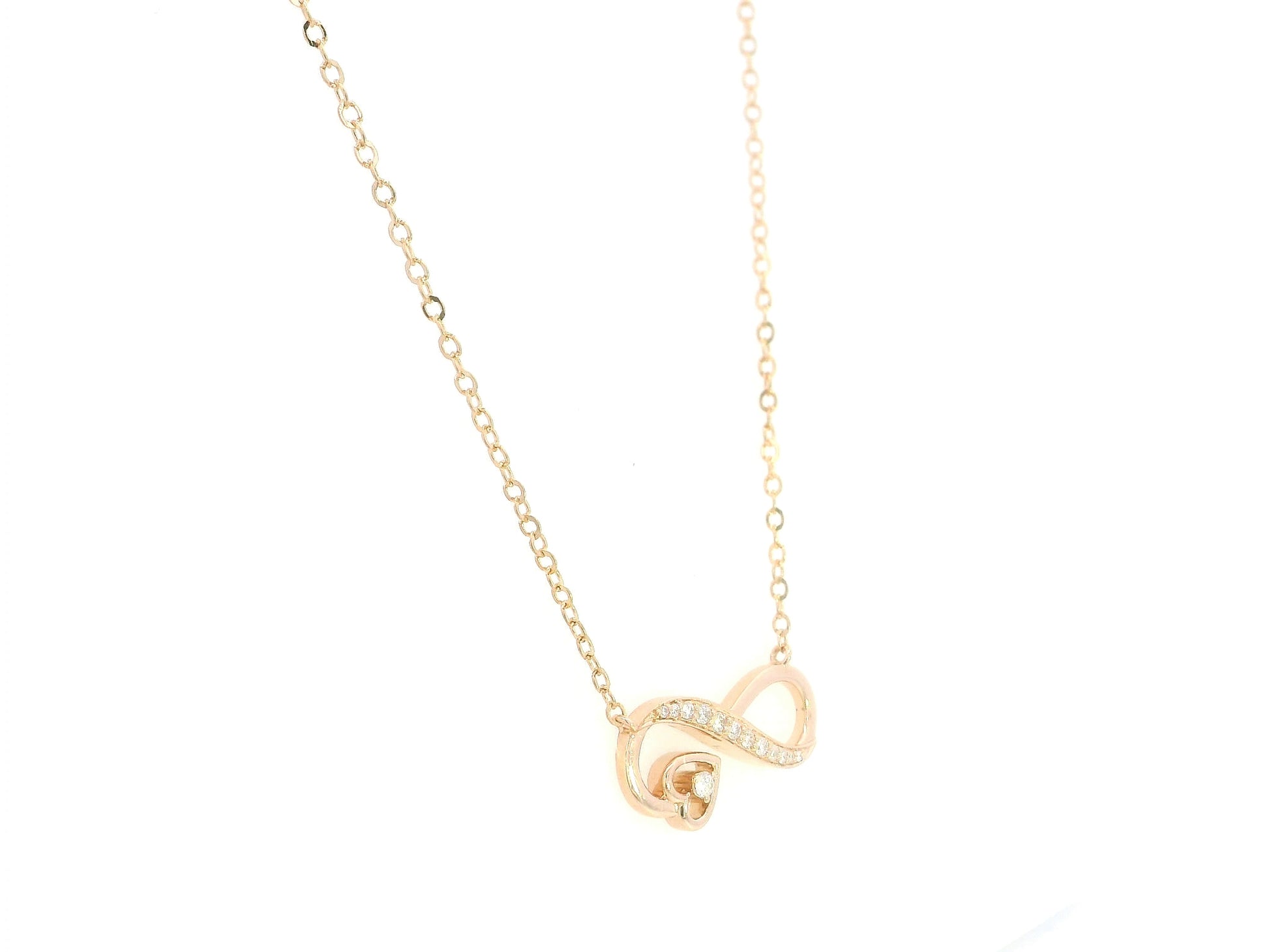 18K rose gold infinity heart diamond necklace featuring 0.13 Carat of natural diamonds in a timeless romantic design.