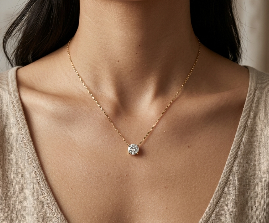18K yellow gold solitaire necklace featuring a 1.01 carat GIA certified round brilliant natural diamond in a classic four-prong setting.