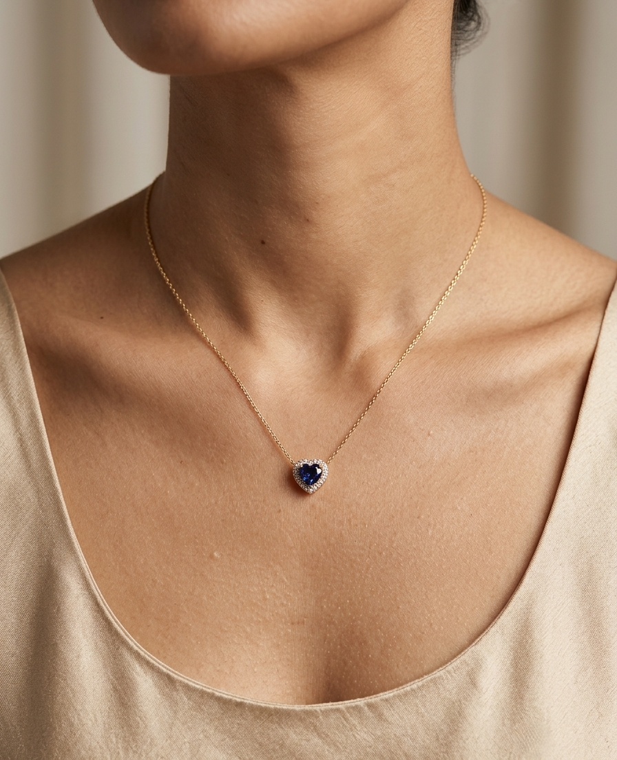Heart-shaped blue sapphire and diamond halo pendant necklace in 18K yellow gold.