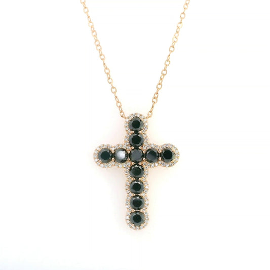 18K rose gold cross necklace set with round black diamonds and surrounded by white diamond halos on a fine rose gold chain.