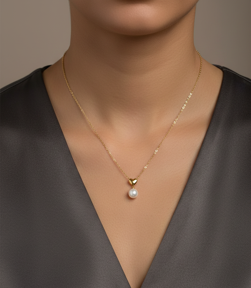 Freshwater pearl pendant necklace in 18K yellow gold, 7.5×8 mm pearl, heart-shaped design — Emirates Diamonds
