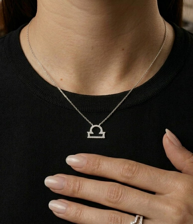Libra Zodiac Necklace with Natural Diamonds in 18K White Gold