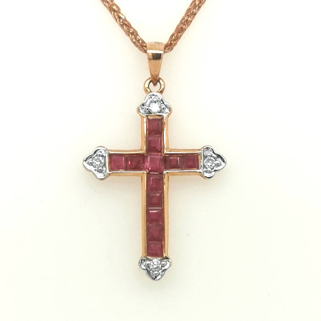 Ruby Cross Pendant In 18k Rose Gold.