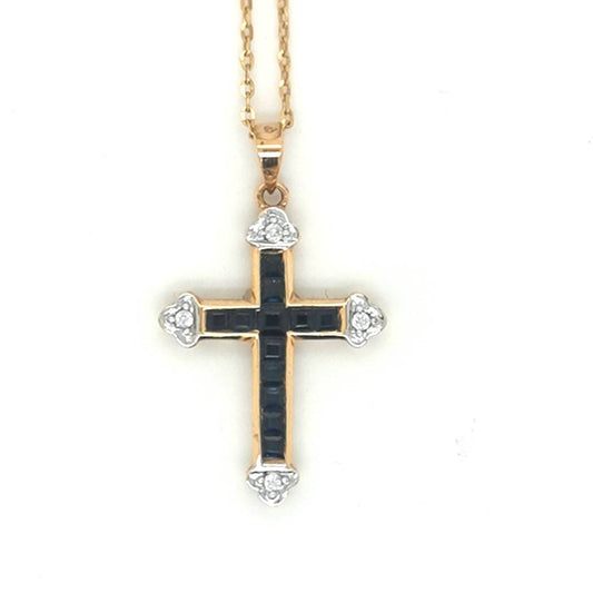 Sapphire Cross Pendant In 18k Yellow Gold.