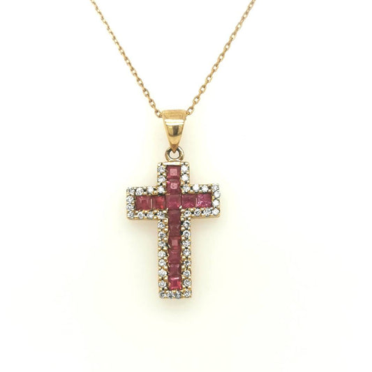 Ruby And Diamond Cross Pendant In 18k Yellow Gold.
