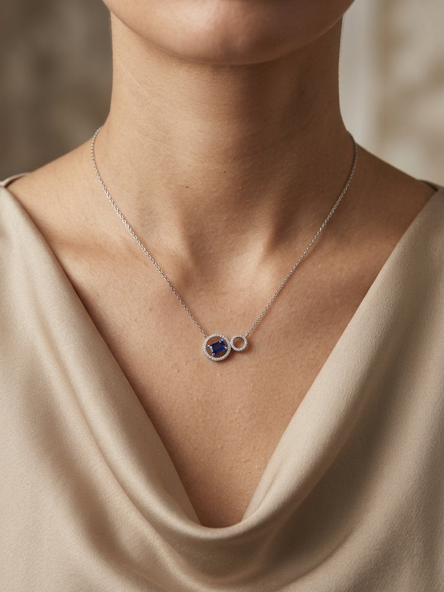 Blue Sapphire and Diamond Circle Necklace in 18K White Gold