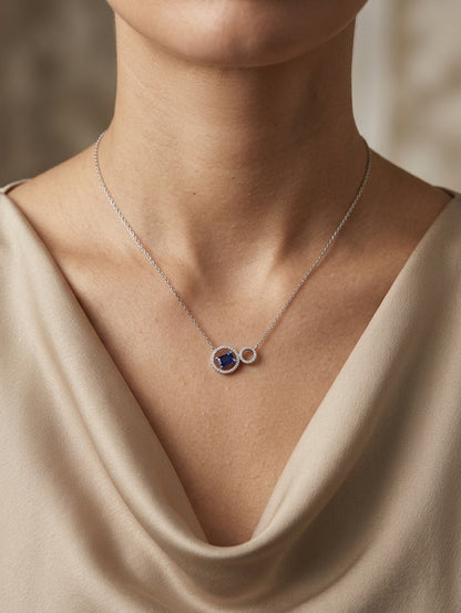 Blue Sapphire and Diamond Circle Necklace in 18K White Gold