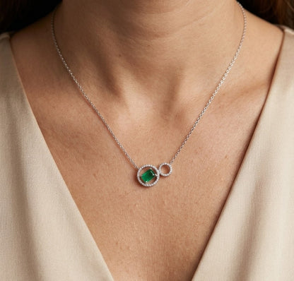 Emerald and Diamond Circle Necklace in 18K White Gold