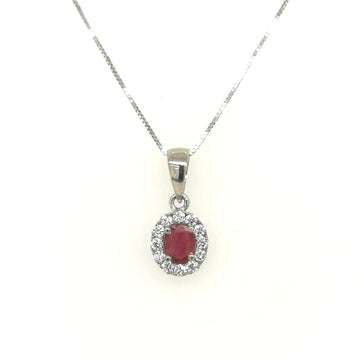 Ruby With Diamond Halo Pendant In 18k White Gold.