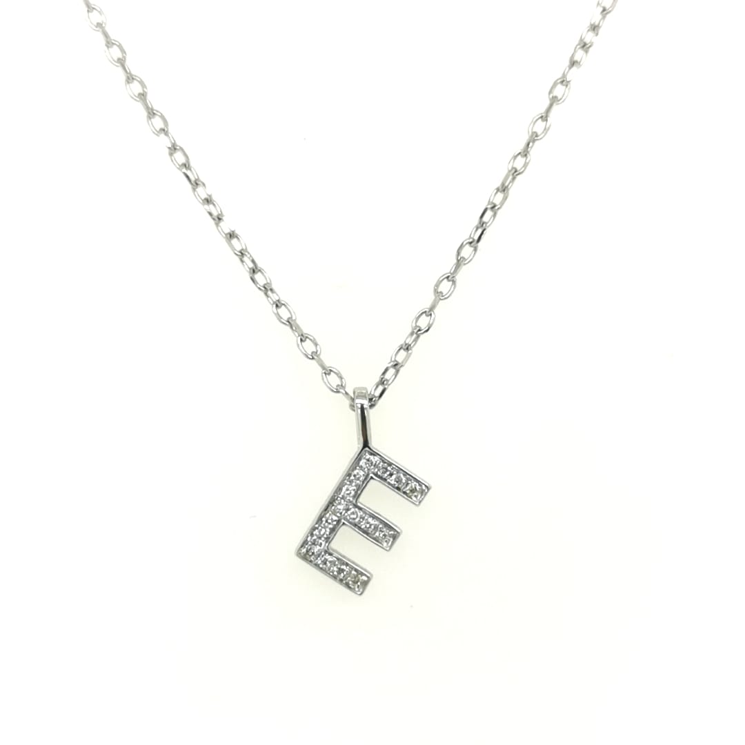 Alphabet E Diamond Pendant In 18k White Gold. 