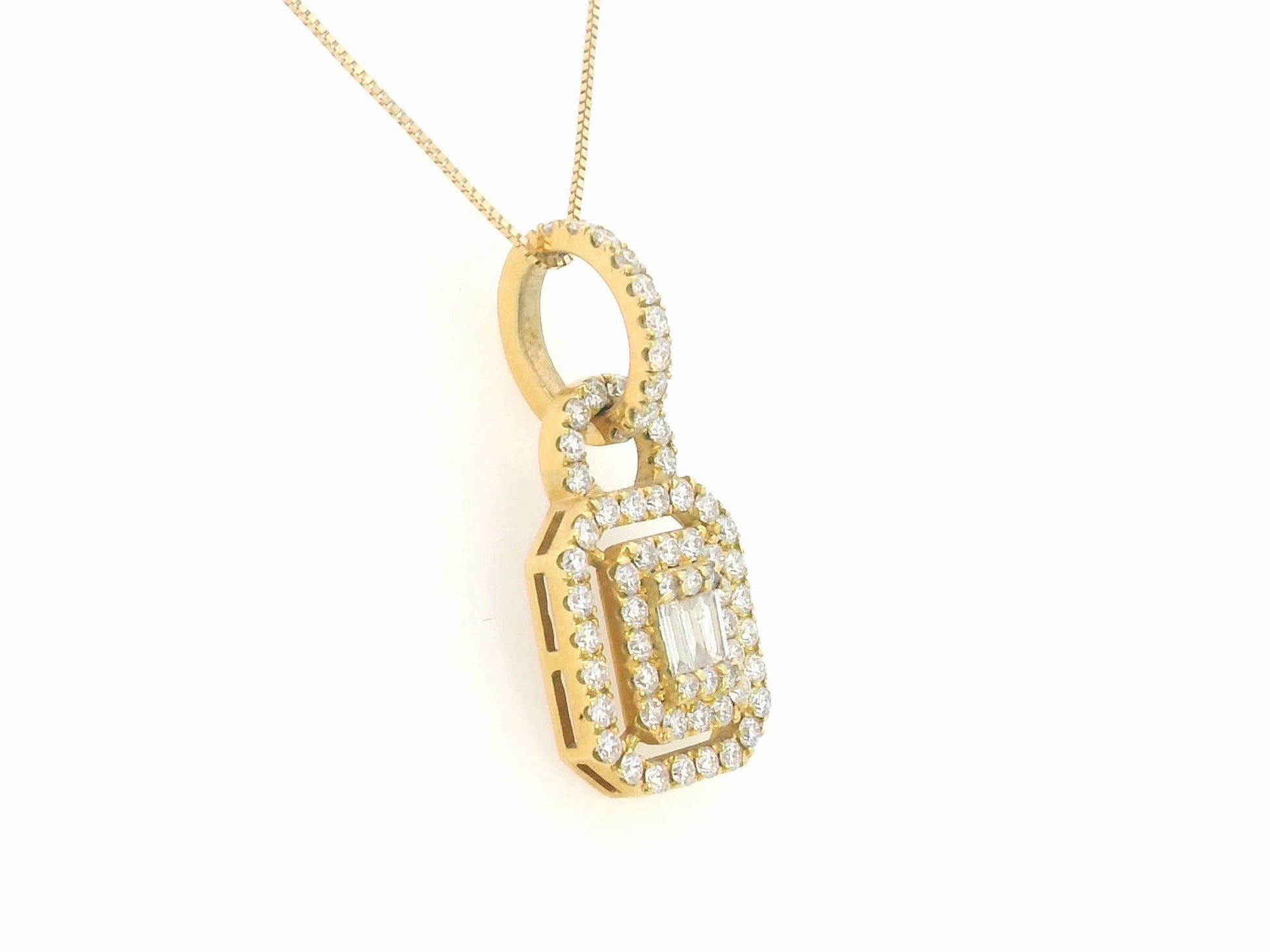 18K gold double halo diamond pendant featuring a combination of round and baguette diamonds, with a total diamond weight of 0.55 carats, displayed on a white background.