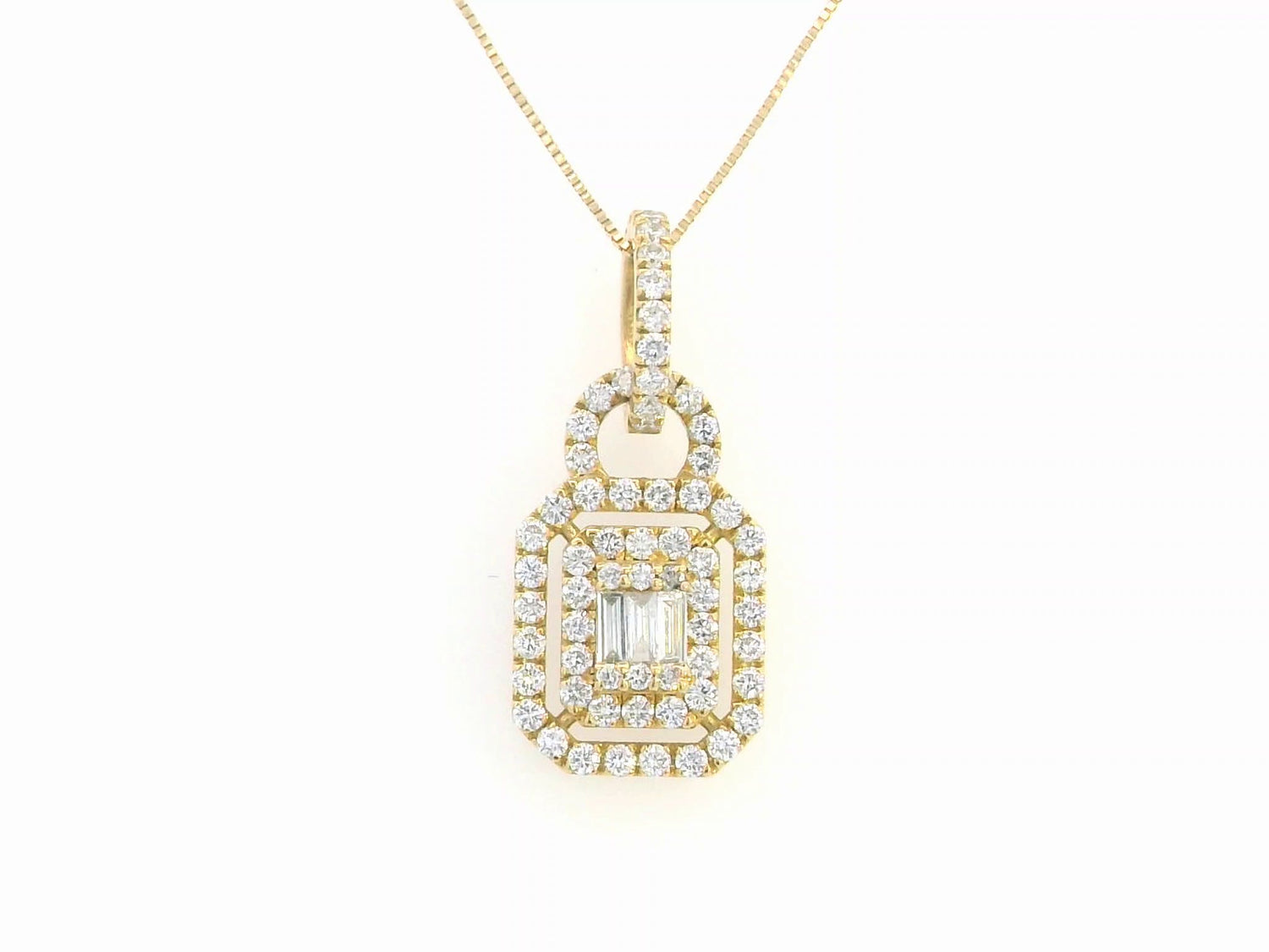 18K gold double halo diamond pendant featuring a combination of round and baguette diamonds, with a total diamond weight of 0.55 carats, displayed on a white background.