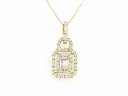 18K gold double halo diamond pendant featuring a combination of round and baguette diamonds, with a total diamond weight of 0.55 carats, displayed on a white background.