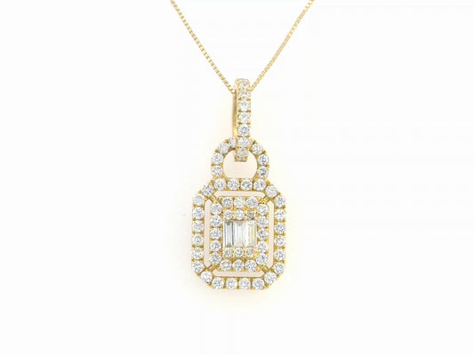 18K gold double halo diamond pendant featuring a combination of round and baguette diamonds, with a total diamond weight of 0.55 carats, displayed on a white background.