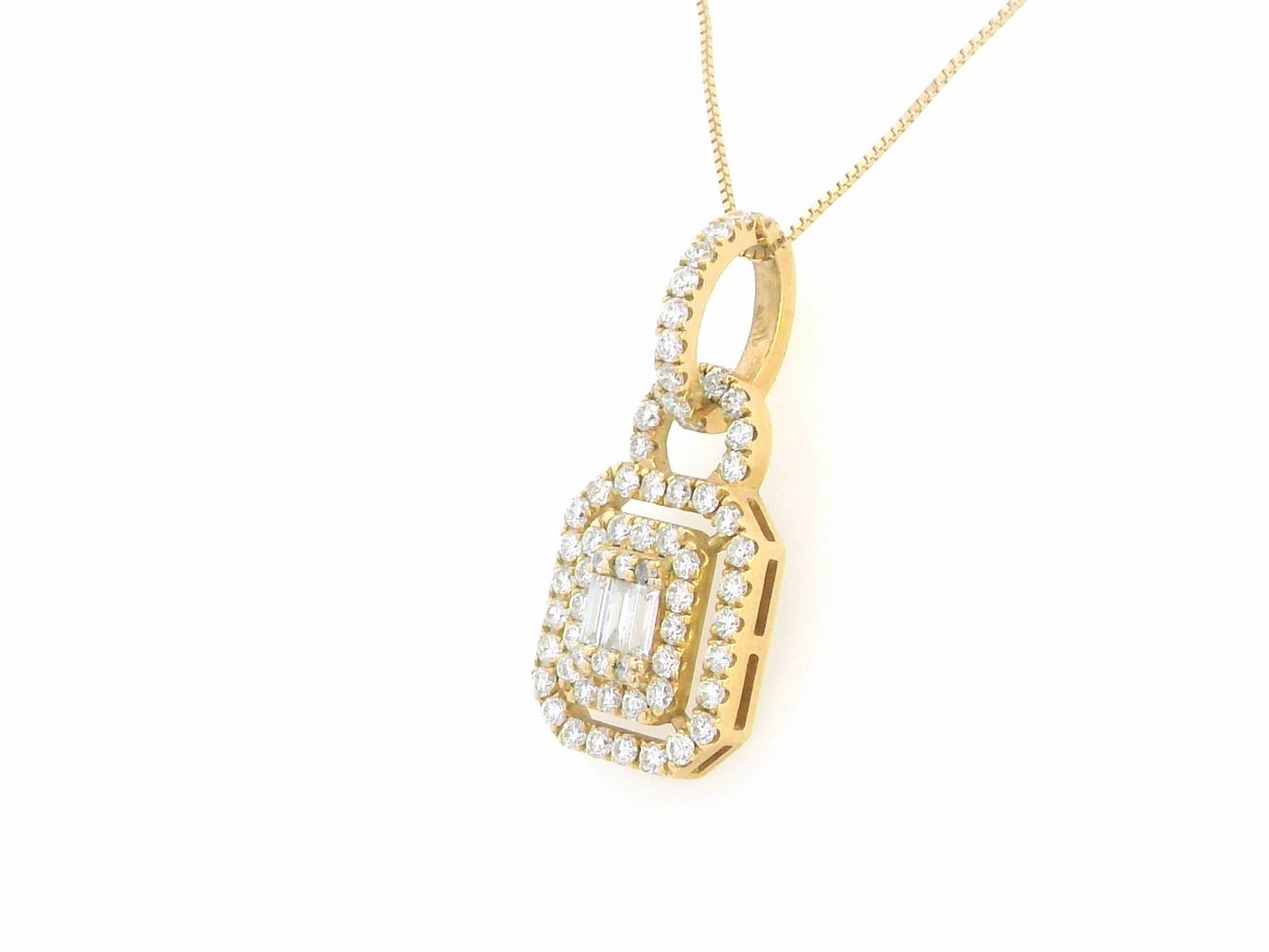 18K gold double halo diamond pendant featuring a combination of round and baguette diamonds, with a total diamond weight of 0.55 carats, displayed on a white background.