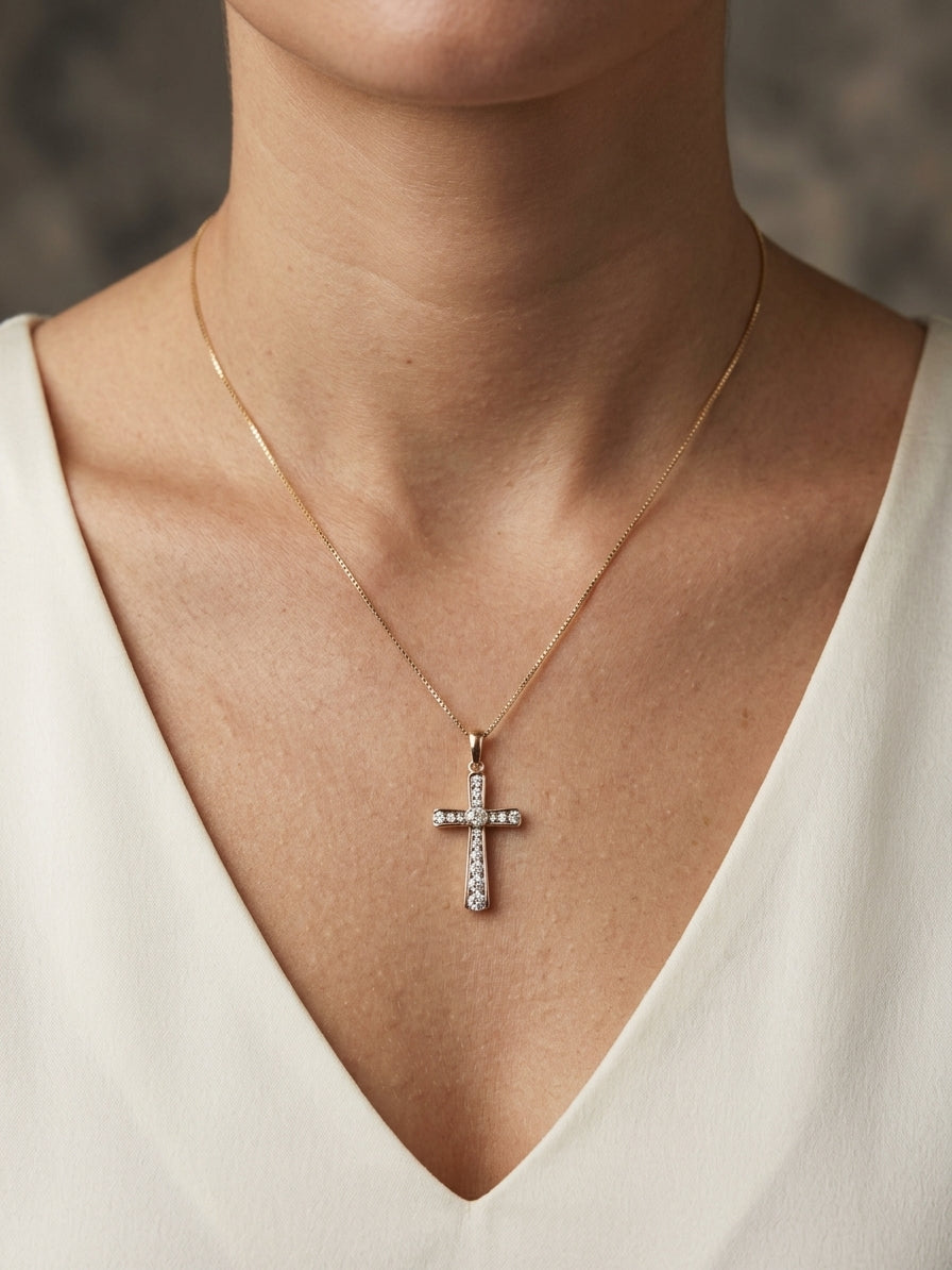 Diamond cross pendant in 18K rose gold with round brilliant diamonds and graduated diamond detailing