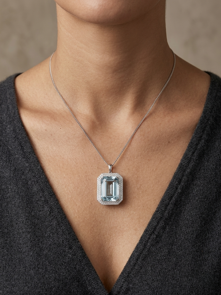Emerald-cut aquamarine and diamond halo pendant in 18K white gold with large natural aquamarine center stone