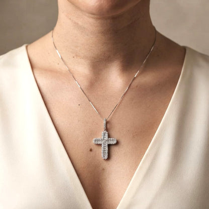 Diamond Cross Pendant in 18K White Gold | Natural Diamond Religious Pendant