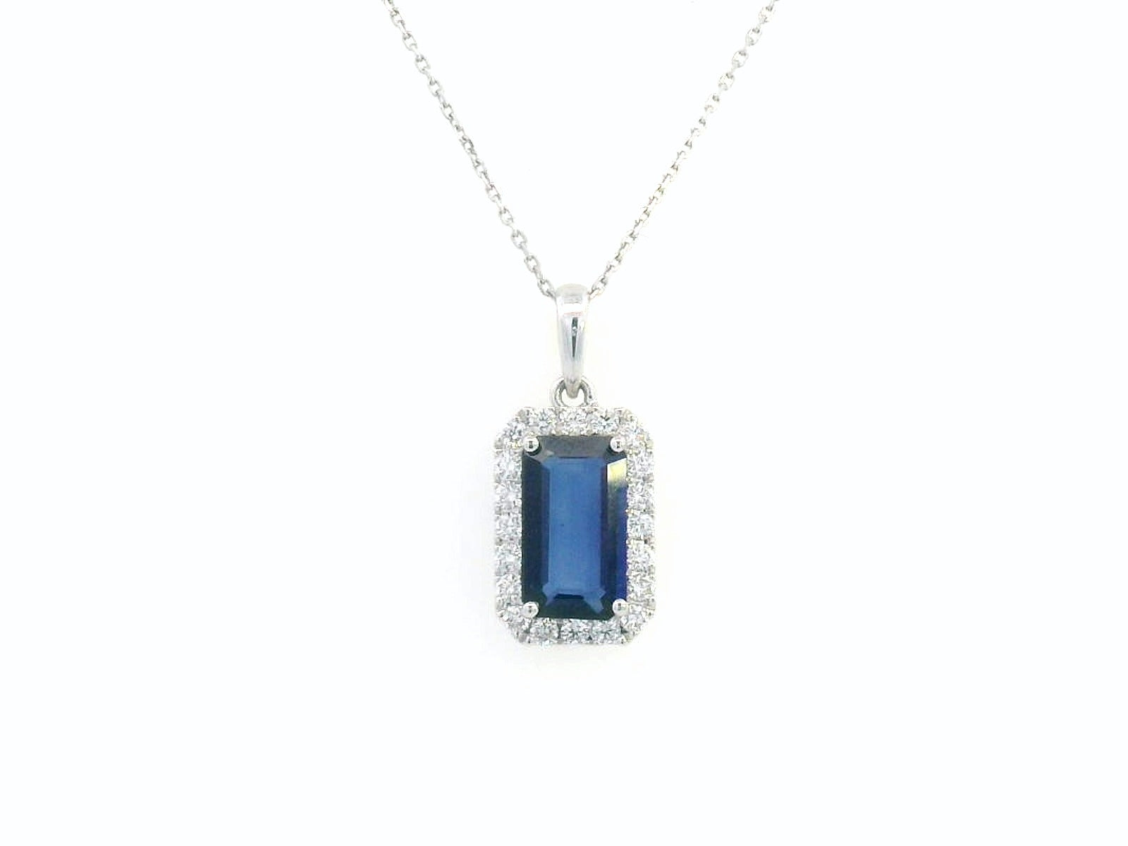 18K gold sapphire pendant featuring a 1.92 CT emerald-cut sapphire with a 0.31 CT diamond halo, available without a chain for a customizable look