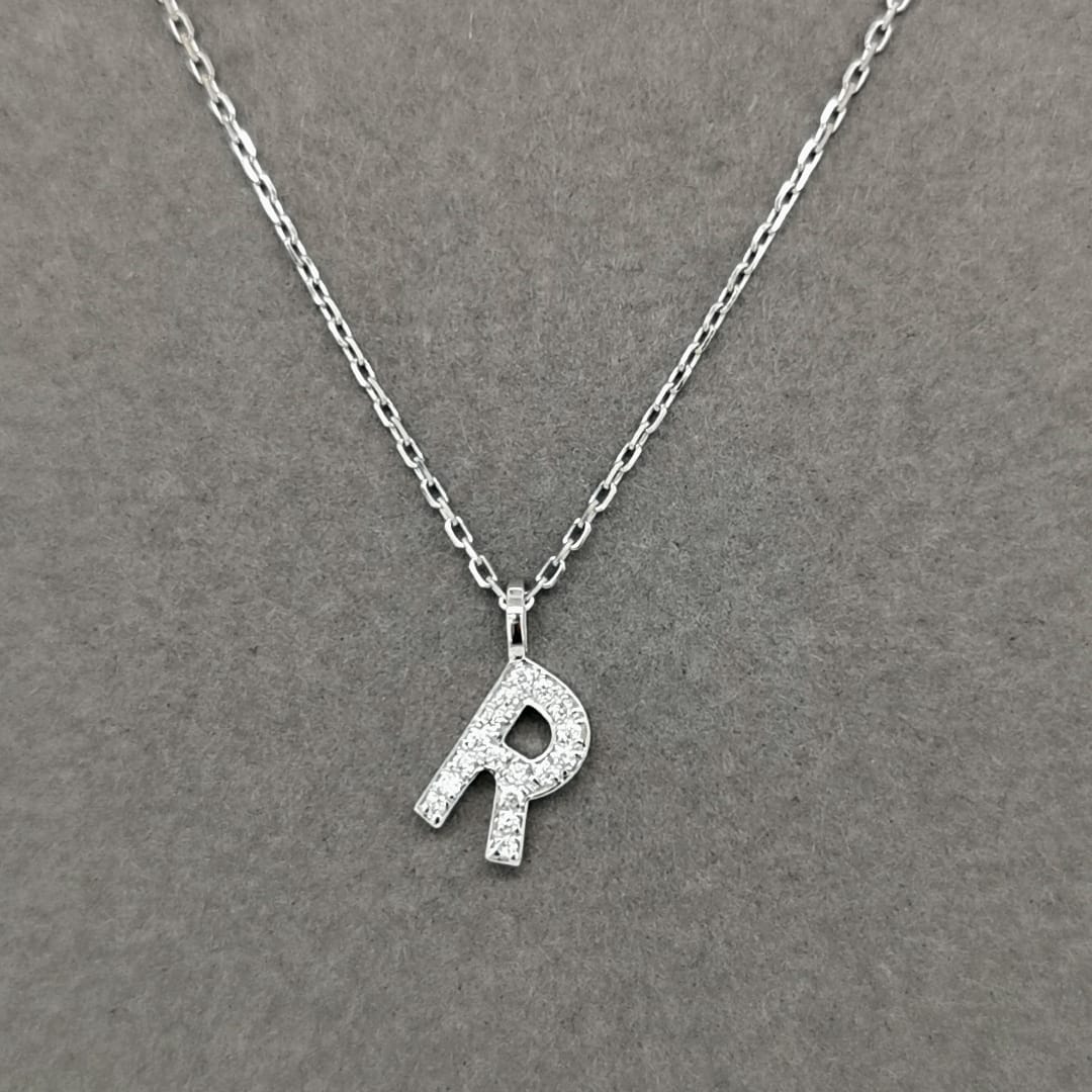 Alphabet R Diamond Pendant In 18k White Gold. 