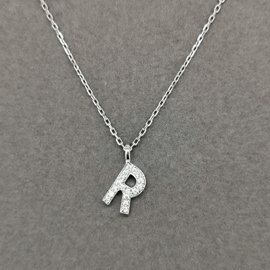 Alphabet R Diamond Pendant In 18k White Gold. 