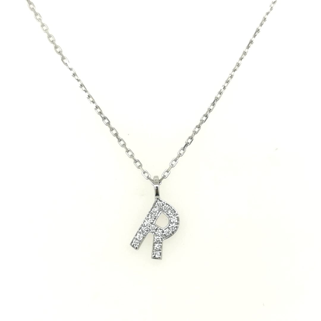 Alphabet R Diamond Pendant In 18k White Gold. 