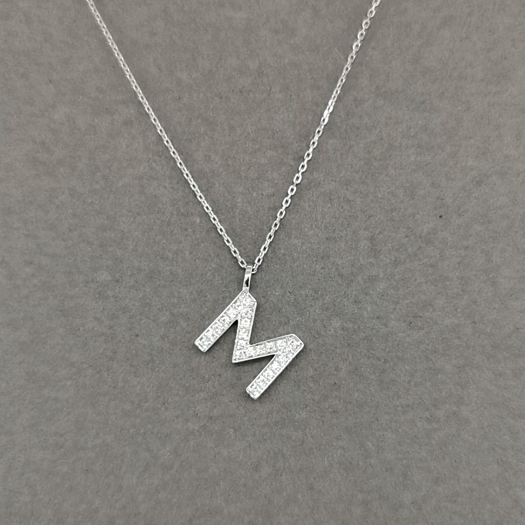 Alphabet M Diamond Pendant In 18k White Gold. 