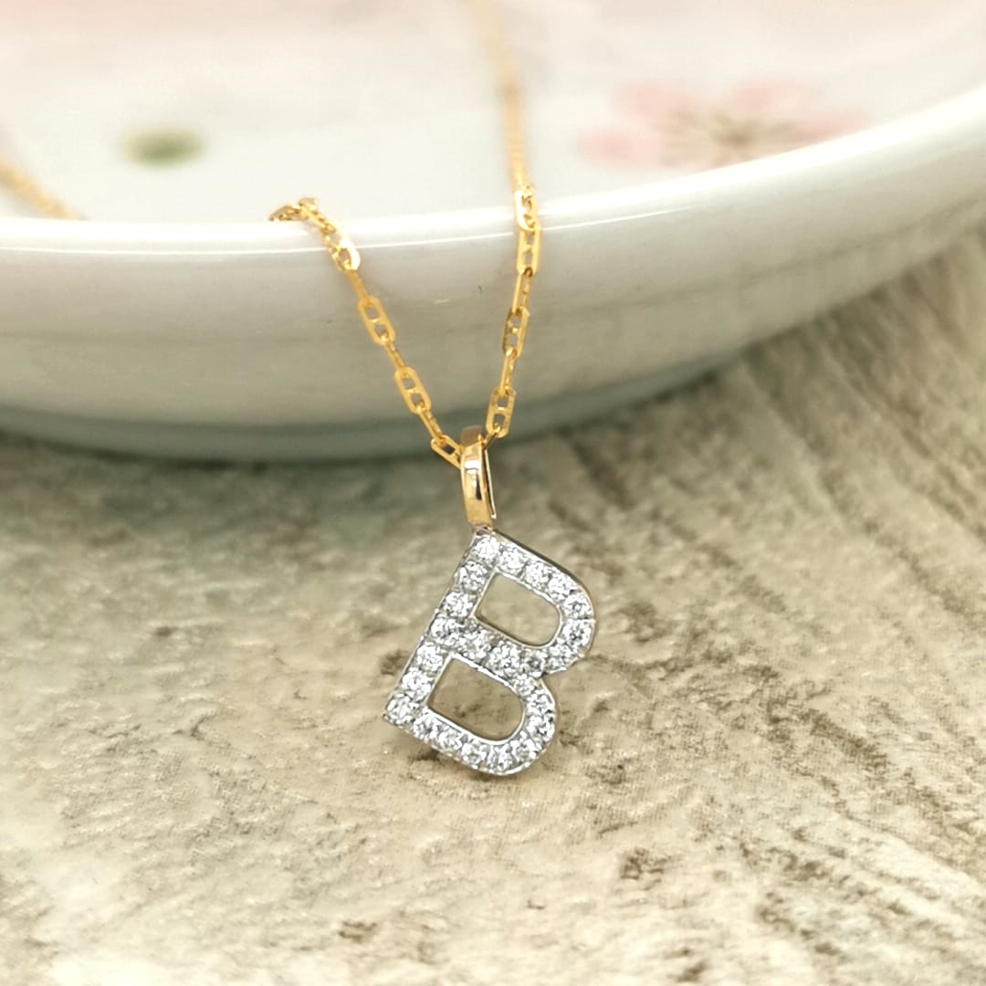 Alphabet B Diamond Pendant In 18k Yellow Gold. 