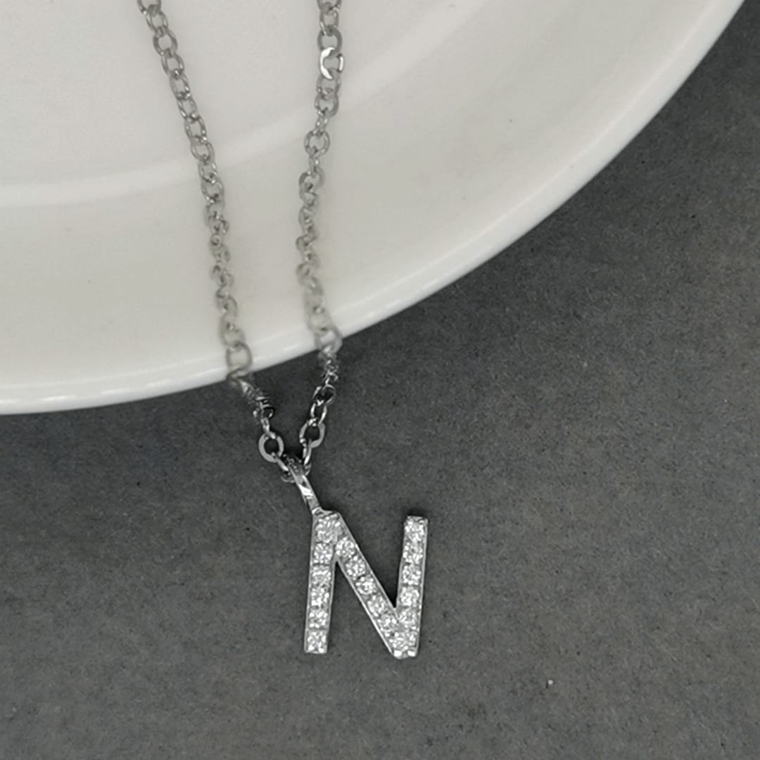 Alphabet N Diamond Pendant In 18k White Gold.