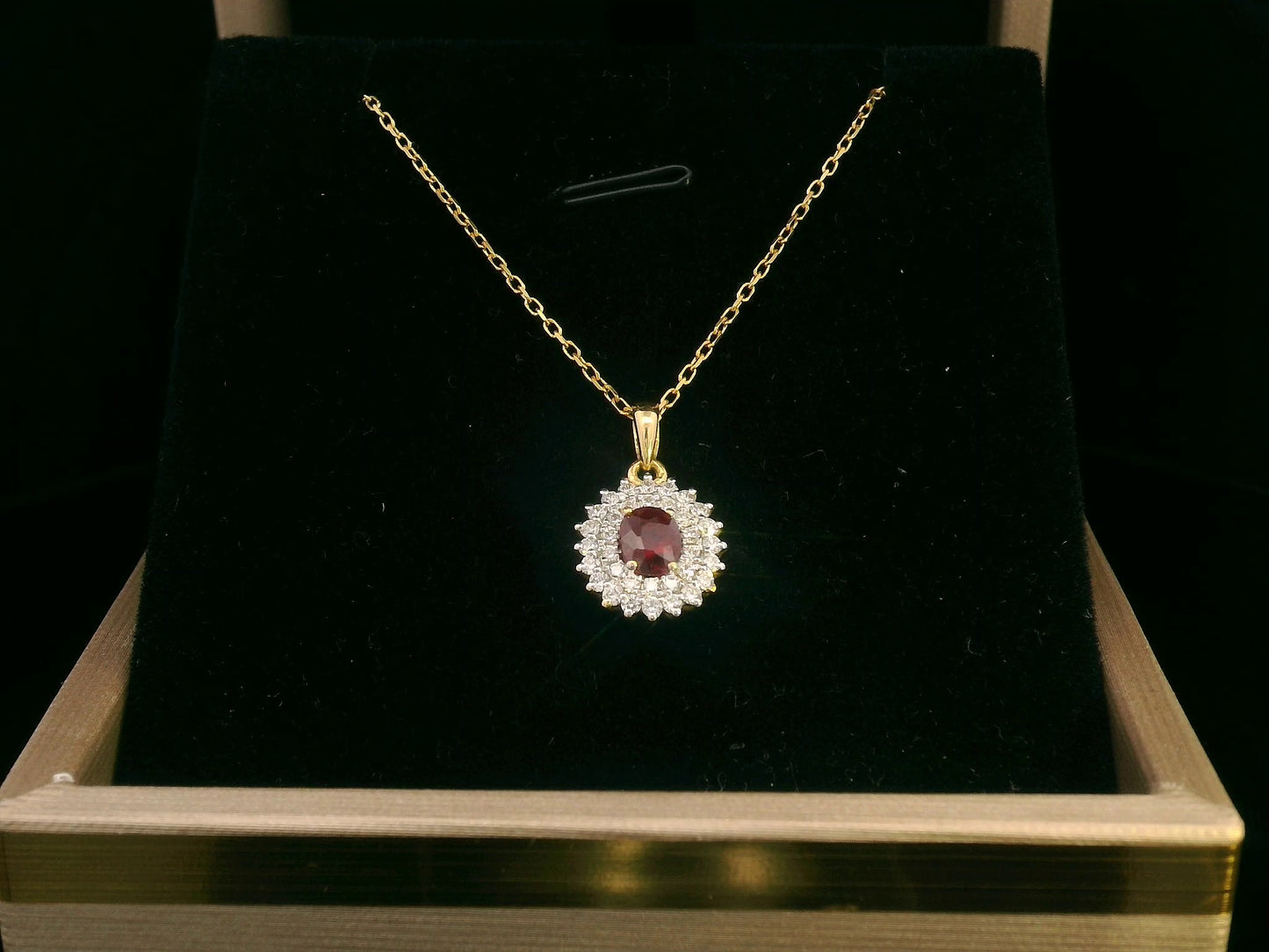 18K Gold Ruby and Diamond Halo Pendant – 0.29ct Oval Ruby, 0.28ct Diamonds