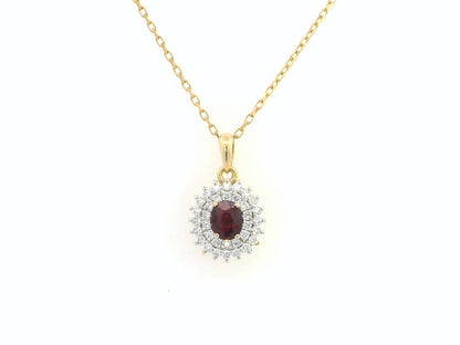 18K Gold Ruby and Diamond Halo Pendant – 0.29ct Oval Ruby, 0.28ct Diamonds