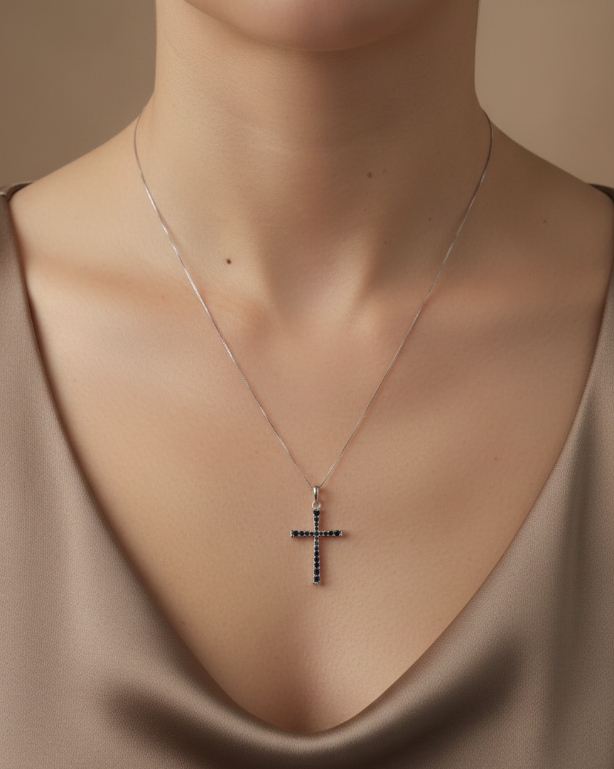 18K white gold black diamond cross pendant with pavé-set diamonds, luxury faith jewelry by Emirates Diamonds.
