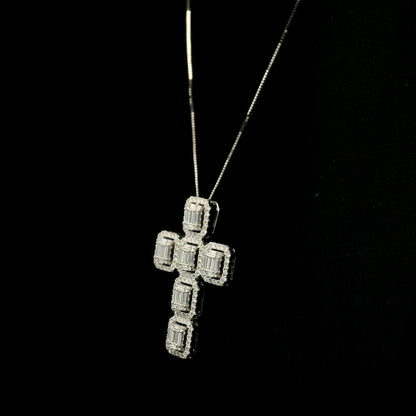 18K white gold cross pendant set with baguette and round brilliant diamonds, 1.41 carat total diamond weight