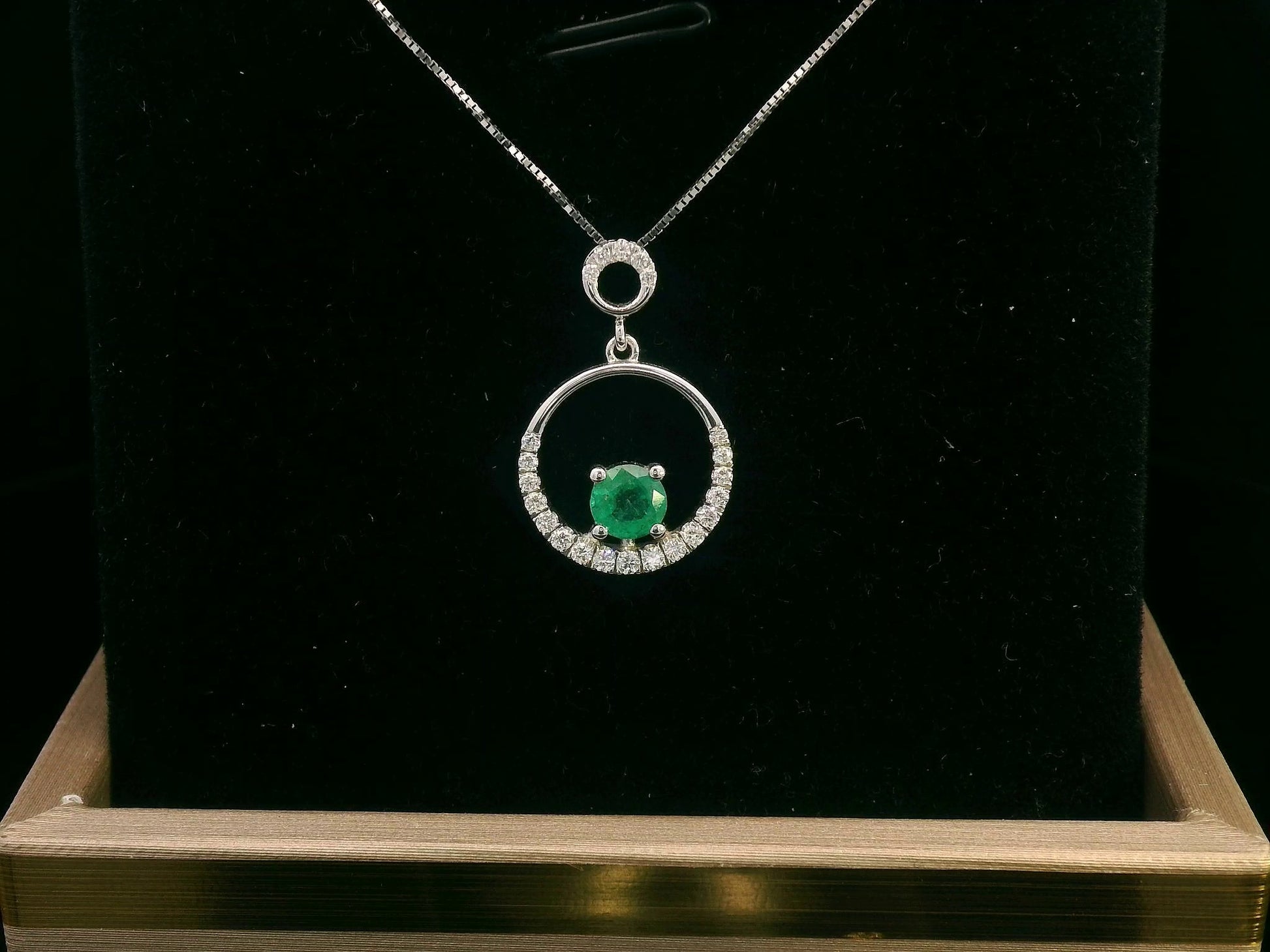 18K gold emerald and diamond circle pendant with 0.28-carat emerald and 0.15 carats of diamonds, layering necklace for women