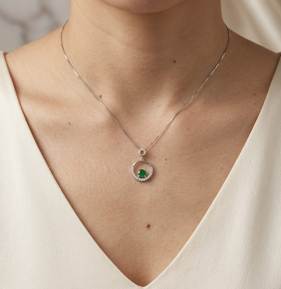 Emerald and Diamond Circle Pendant in 18K White Gold