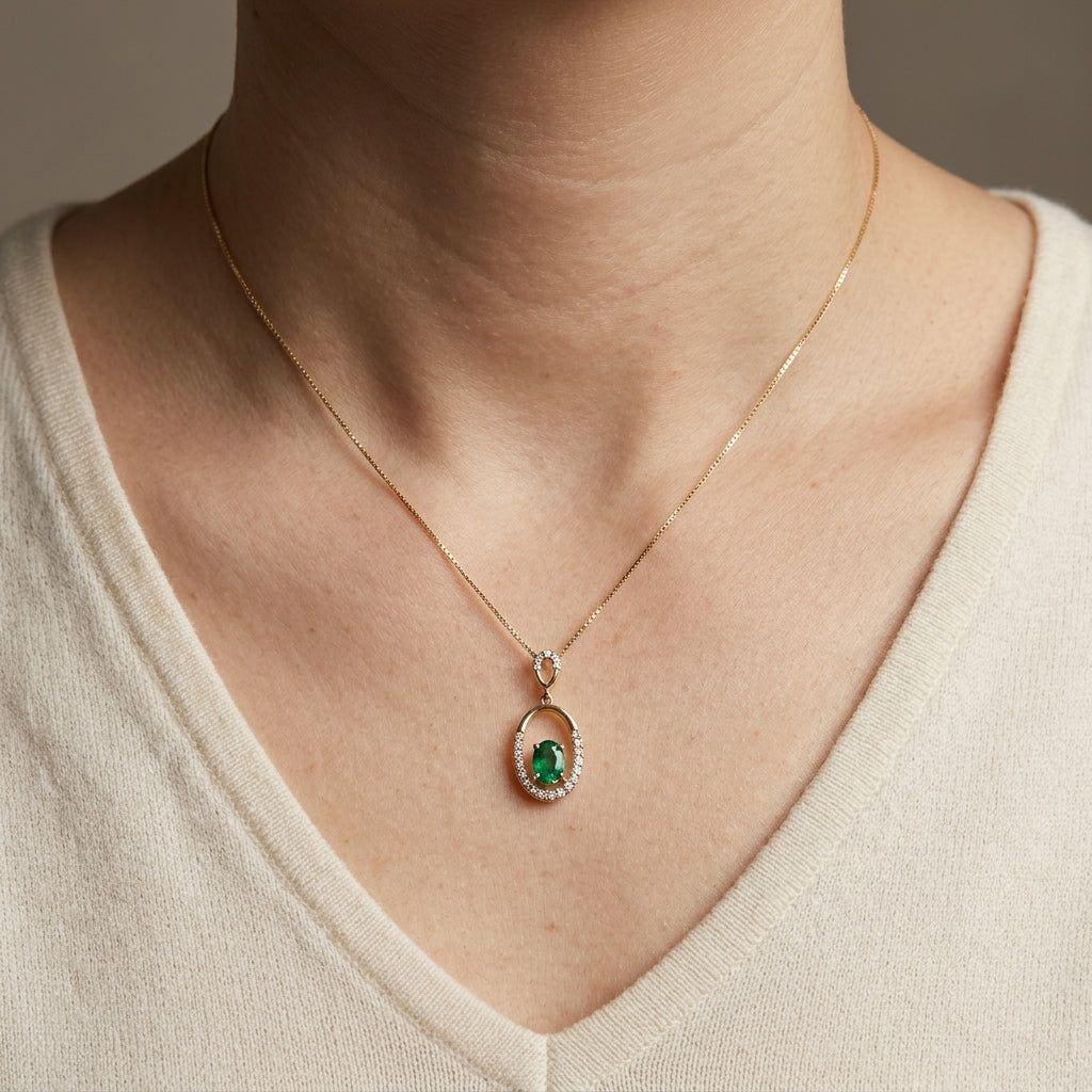 Oval Emerald and Diamond Open Halo Pendant in 18K Yellow Gold