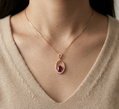 Ruby With Diamond Halo Pendant in 18K Rose Gold